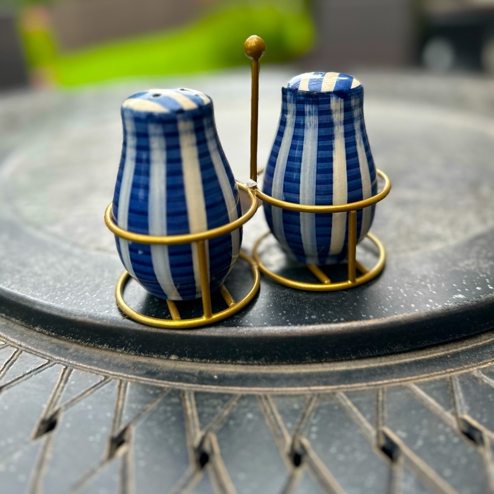 Blue and White Striped Salt and Pepper Shakers